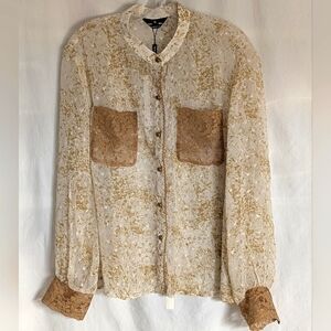 Moonshell Long Sleeve Sheer Blouse Lace Cuffs And Pockets NEW Sz XL Brown Cream